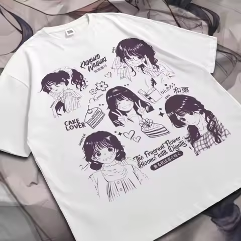 Kaoruko Waguri Six Cute Girl Sketch Dessert Heart Graphic Print T-shirt Oversized Cotton Casual Stre
