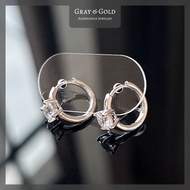 [ER246] ต่างหูห่วงเพชรสังเคราะห์ CZ 50 ตังค์ ตัวเรือนเงินแท้ 92.5% ชุบทองคำขาวโรเดียม Gray &amp; Gold Jewelry