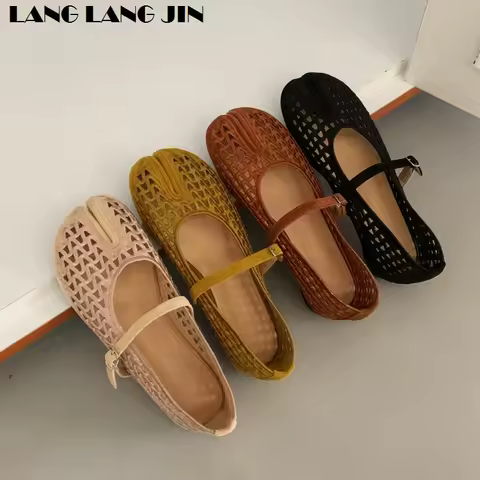 Summer Breathable Hollow Woven Split Toe Tabi Shoes Women Fashion Mary Janes Flats Ballet Casual Dai
