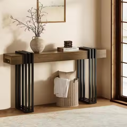 63"Long Console Table for Entryway - Behind Couch Table for Living Room, Wood Sofa Tables with Black