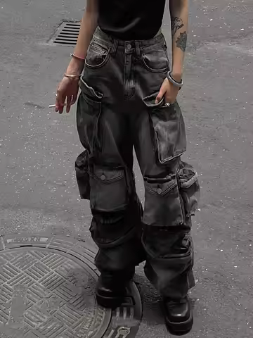 WCFCX STUDIO Multi-pocket Design High-street Cargo Pants Women 2024 Wide-leg Washable High-waisted J