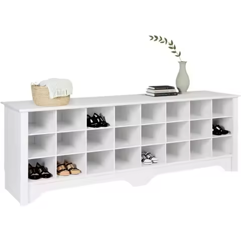 White Hall Bench with Storage and Seating: 24Shoe Cubby Bench Ideal White Shoe Rack for Entryway Siz