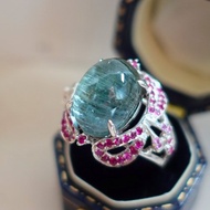 流光溢彩 天然碧璽 清晰貓眼現象 天然紅寶石配鑲 純銀戒 設計款