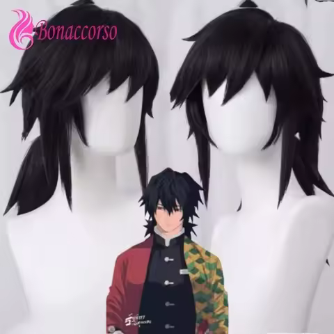 Demon Slayer Tomioka Giyuu Cosplay Wig Black Synthetic Short Straight Wig Anime Coser Cute Girl High