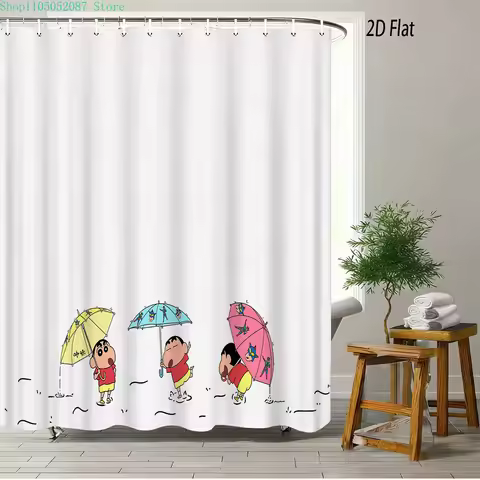 Crayon Shin-chan Umbrella Walking Cartoon 2D Print Waterproof Shower Curtain, Minimalist White Bathr