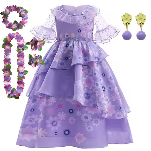 Kids Isabela Dress Children Summer Floral Swing Flared Costume Girl Encanto Cosplay Outfit Madrigal 