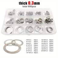 TEMU 600ชิ้น/กล่อง 0.1มม. 0.2มม. 0.3มม. ความหนา แผ่นรองแบนบางเฉียบ ปรับชิม ปะเก็นธรรมดา ชุดผสม M3 M4