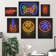Retro Gamer Neon Sign  Audio Cassette Canvas Art  Guitar  Basketball Wall Decor for Boys Room