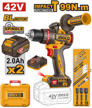 INGCO สว่านกระแทกไร้สาย 42V แรงบิดสูง99 Nm (Brushless Motor) รุ่น CIDLI429982 ครบชุดแบต 2.0Ah *2 ก้อ