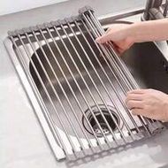 Stainless Steel Kitchen Drain Rack, Multifunctional Silicone Foldable Dish Drying Rack, Placed Above