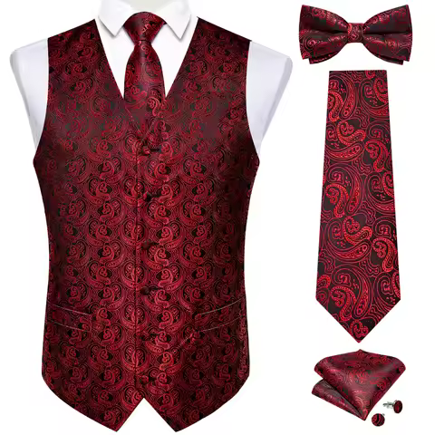 Causal Men Black Red V-neck Vest for Business Sleeveless Paisley Wedding Man's Waistcoat Silk Tie Bo