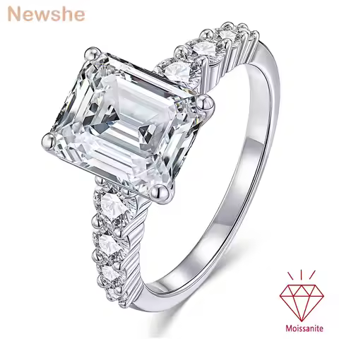 Newshe Certified Moissanite Engagement Rings for Women 8*10mm 4.0 Ct Emerald Cut White Gold Plated W