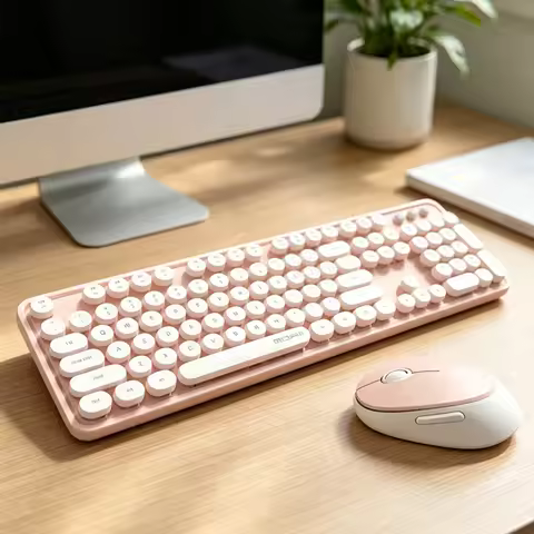 MOFii 1 Set Sweet Wireless Keyboard and Mouse Combo, White & Pink Retro Round Keycaps, Cute Design f