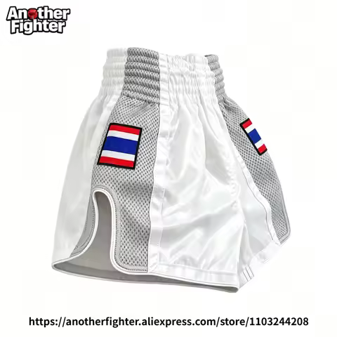 Muay Thai Training Shorts Satin Mesh Panel Thai Flag Patch Boxing Fight Pants Palin White Shorts for