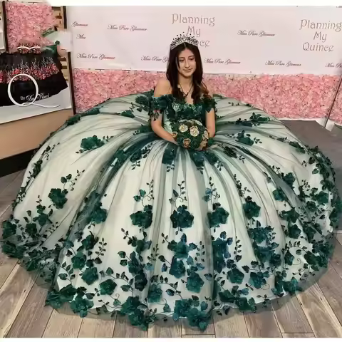 BOMARIS Green Ball Gown Quinceanera Dresses Cinderella Vestidos De 15 Anos XV Vintage 3D Flower Lace