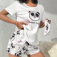 Panda & Slogan Graphic Top & Short PJ Set / Pyjama Set có mặt nạ mắt