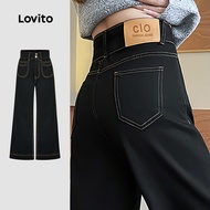 Lovito Casual Jeans Button Texture All Seasons Black Jeans for Women L166AD243 Lovito Jeans Kasual B