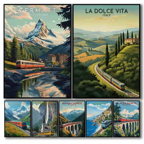 European Railway Landscape La Dolce Vita Coastal Train Switzerland Journey Poster Canvas Painting Wa