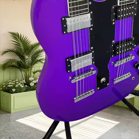 SGA Purple Double Neck Electric Guitar 12 String Plus 6 String Purple Gloss Trapezoid Inlay Black Pi