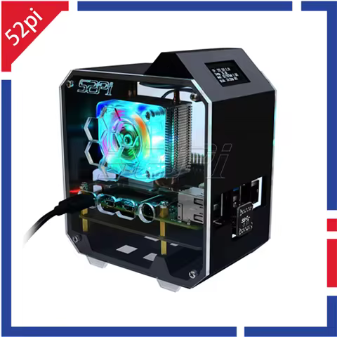 52Pi Raspberry Pi 4 Model B ABS Mini Tower NAS Kit with Ice Tower 0.96 Screen Dispaly Power Adaptor