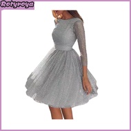 Glitter Starry Tulle Prom Dress for Women Long Sleeve Crew Neck Formal Evening Dress Mesh Cocktail P