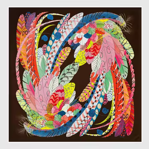 90cm Feather Foulard 100% Twill Silk Square Scarf Women Shawl Brand Hijab Scarf Design Bandana Hand 