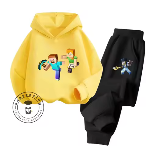 2025 New Fashion Minecraft 2D Hoodie Set Cartoon Printed For Kids Teens Boys Girls Casual Autumn Win