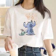 baru sampai imej bercorak t-shirt wanita lengan pendek jahitan comel bahagian atas leher krew wanita