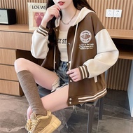 Aiyiyiyi Sweatshirt Jacket Hooded Printed Top Preppy Style Warm M-2XL Contrast Color Stitching Lazy 