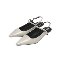 7or9 Womens Cat Heel Sandals Black High Heels Leather Pointed Toe Work Commute Shoes Breathable Low