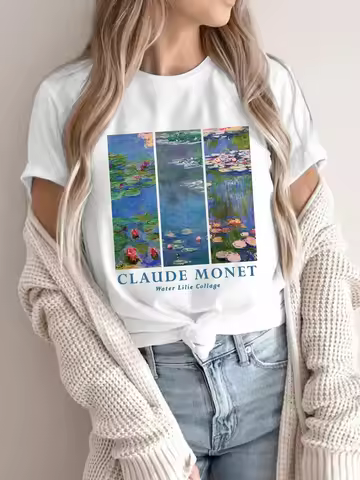 Vintage French Impressionism Art T-Shirt Claude Monet Water Lilies Print Harajuku Aesthetic Loose To