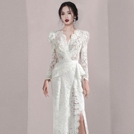 Hawlife Korean White Lace Long Sleeve Civil Wedding Dress 39