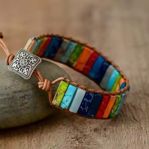 Bohemian Multicolor Emperor Stone Bracelet For Women 7 Chakra Healing Stones Leather Rope Woven Bang