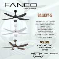 Fanco GALAXY 5 Designer ceiling fan with light, 5 blades, 6 blades, 38/48/56 inch dc motor with 3 tone led light and remote control and installation ,White, black, mocha cheapest ceiling fan with long warranty installation delivery singapore
