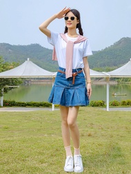 Dopamine Colorful T-Shirt Womens Loose round Neck Denim Shorts Photography Matching Sisters Friends 