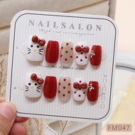 10PCS Cat Eye Fake Nails with Glue Red Tie Cat Design Cat Eye Press on Nails FM047