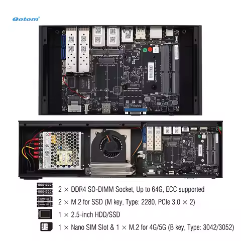 Mini PC Q20322G9 CPU Atom C3558, 2x 1G SFP/ 2x 10G SFP+/ 5x 2.5G LAN, 2x DDR4 RAM, 2x NVMe, Mini Cas