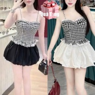 [ SB-185 ] Women's Top 2-piece plaid shirt and elastic waist skirt set