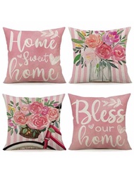 4入組春季粉色枕套18x18英寸花卉自行車抱枕套,適用於春季甜蜜家居、農舍戶外裝飾