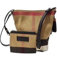 BURBERRY 巴寶莉 The Ashby Canvas 格紋拼接皮格流蘇子母水桶包(黑色)