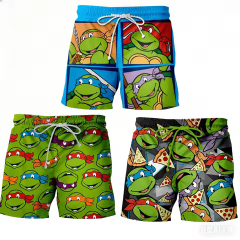 Pizza Four Grid Manga Ninja Turtles 3D Cartoon Beach Shorts Retro Manga Style Loose Speed Drying Men