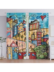 2入組城鎮風景油畫多彩數字印花帶口袋桿窗簾,聚酯纖維材料,適用於客廳、廚房、臥室、浴室、餐廳,家居裝飾