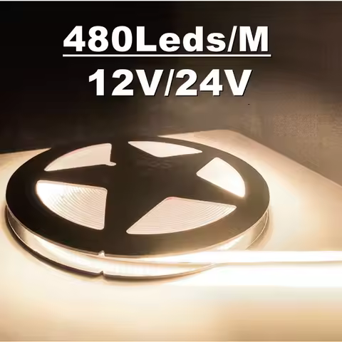 COB LED Strip Lights 12V 24V 1M 2M 3M 4M 5M 480LEDs/M 8mm High Density Flexible LED Tape 3000K 4500K
