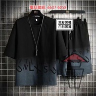 月巴系列M-4XL 日系短袖寬身冰絲印花T-SHIRT & SHORTS 連短褲 (黑衫黑褲/白漸變黑衫黑褲) Oversize Feel 唔怕你有肚腩仔 夏季室內冷氣合用 日本中碼至4加 尺碼供選擇