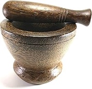 Thai JJ mart Natural Sugar Palm Mortar and Strong handle Pestle Grinding many purpose for Thai Kitchen Herbal Spices Bowl size 6 inch the palm is vanished by a cooking Olive oil