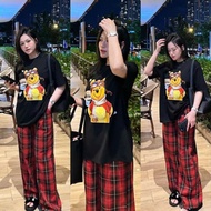 Big size women's set 60-90kg, cotton t-shirt set with pooh bear print and red checkered straight-leg