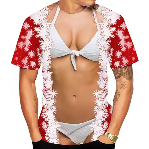 Funny Fake Muscle Christmas Party Print T-Shirts for Men O-Neck Loose Short Sleeve Holiday Tee Shirt
