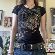 Youth Women's Grunge Rhinestone Top - Vintage Wings Print