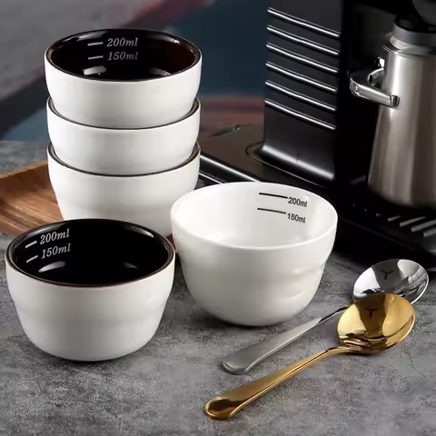 200ml Ceramic Coffee Bowl with Scale Thickened Measuring Bowl U Cupping Cup with Spoon Espresso Meas