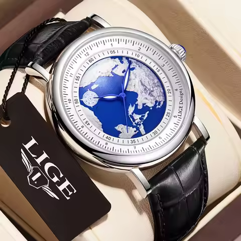 LIGE Mens Watches Blue Planet Creative Earth Fashion Quartz Wristwatch Leather Sport Watch for Men L